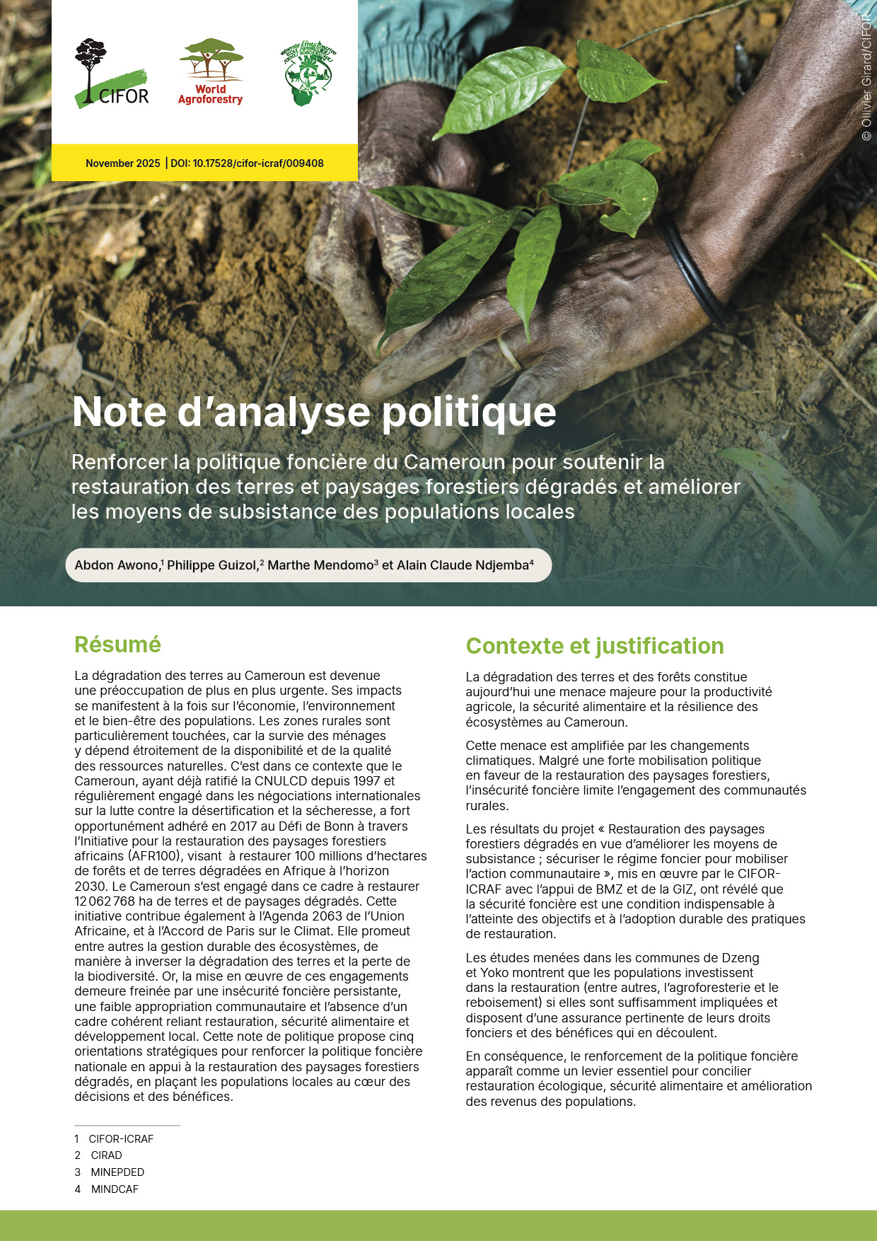 thumbnail of Note d’analyse politique: Renforcer la politique foncière du Cameroun pour soutenir la restauration des terres et paysages forestiers dégradés et améliorer les moyens de subsistance des populations locales