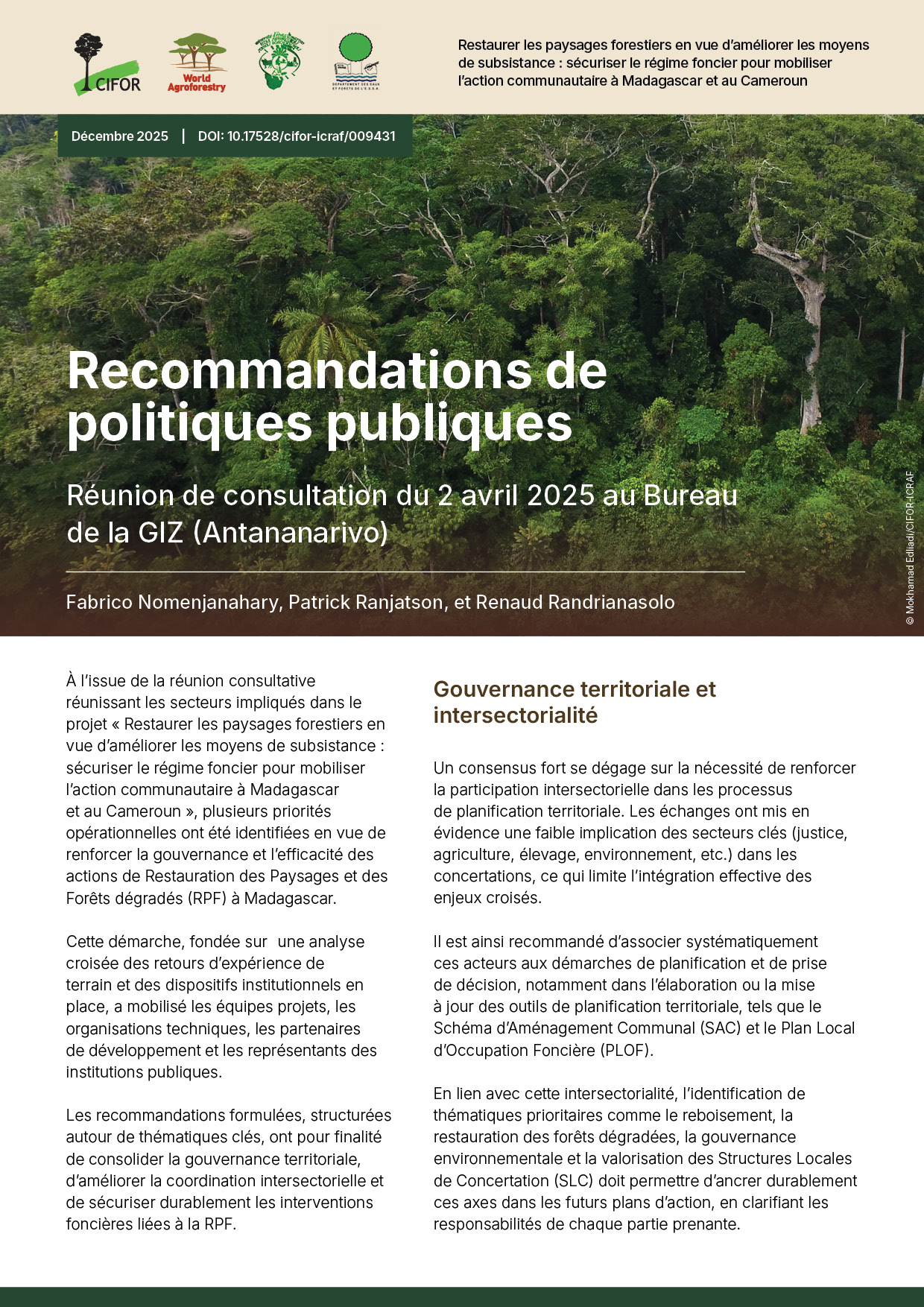 thumbnail of Recommandations de politiques publiques: Réunion de consultation du 2 avril 2025 au Bureau de la GIZ (Antananarivo)