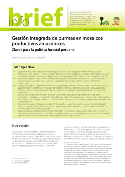 thumbnail of Gestión integrada de purmas en mosaicos productivos amazónicos: Claves para la política forestal peruana
